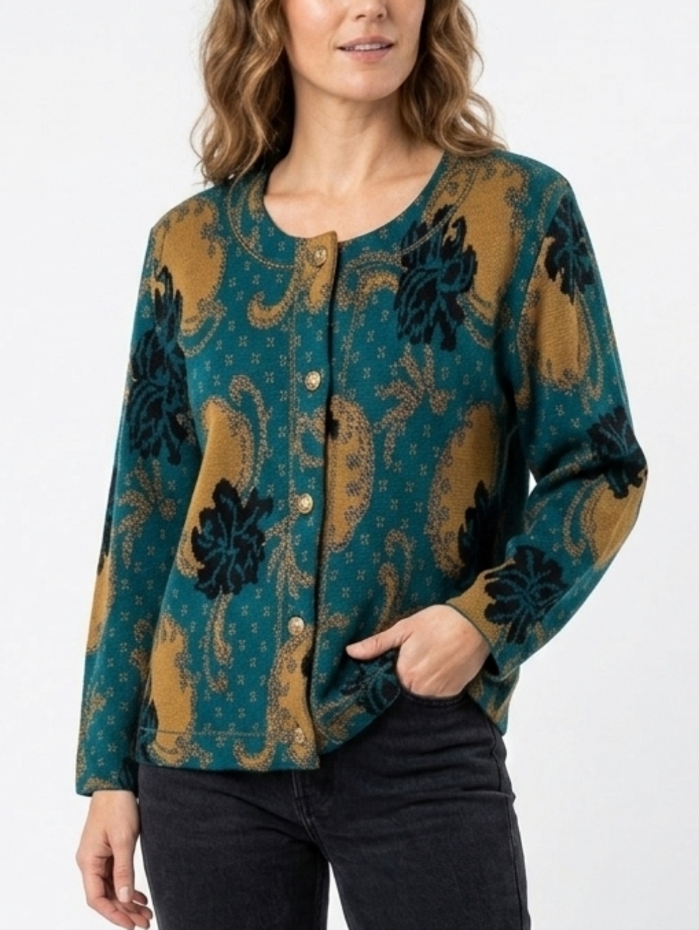 Vintage Marcelle Griffon Gold and Teal Cardigan with gold buttons